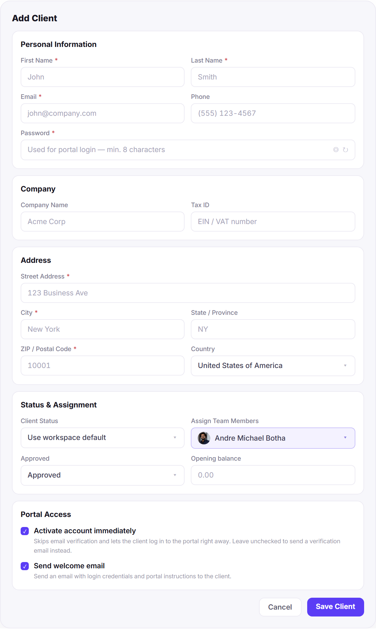Clientish add client form with billing address assignment and portal access fields