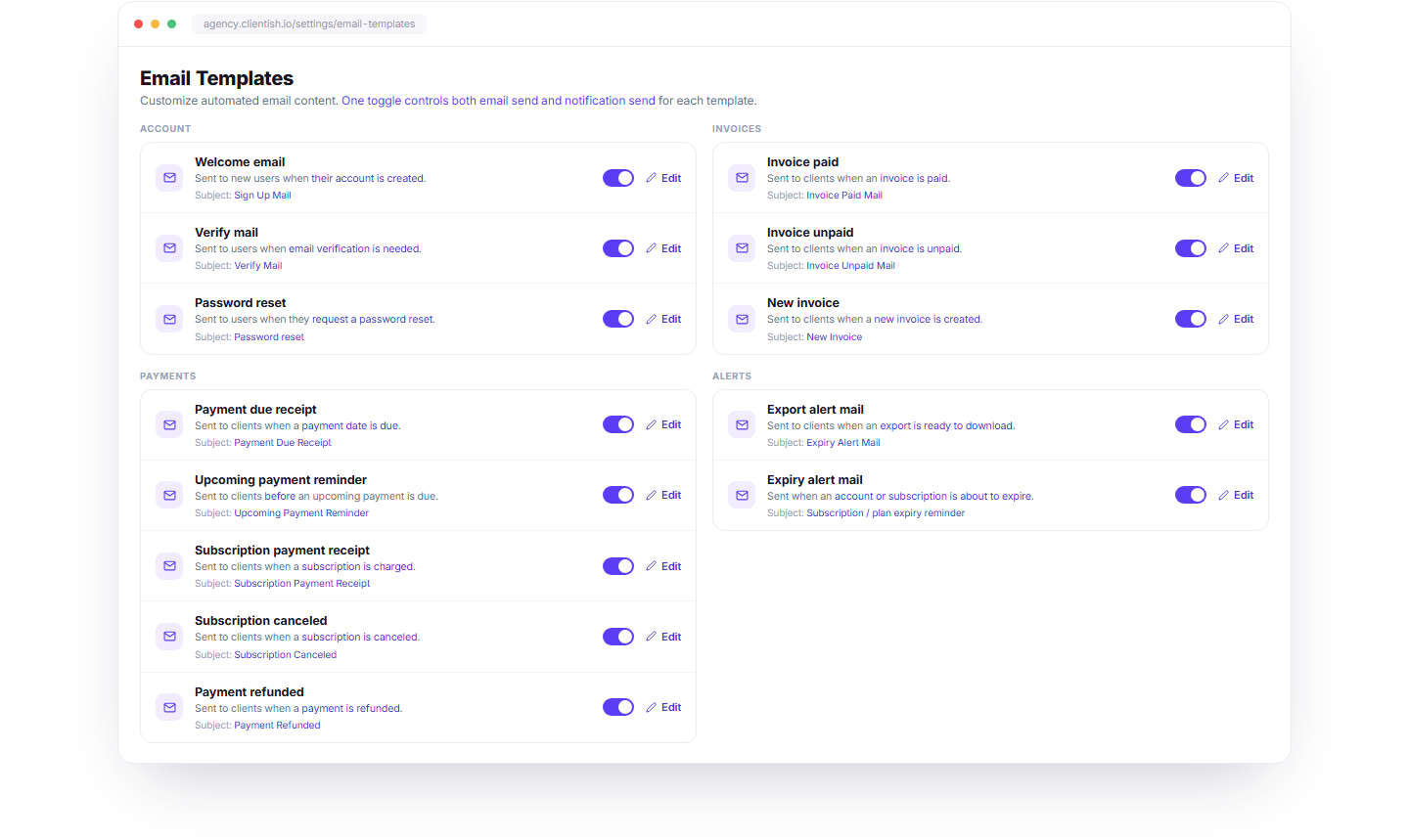 Clientish email templates dashboard with automated notification toggles
