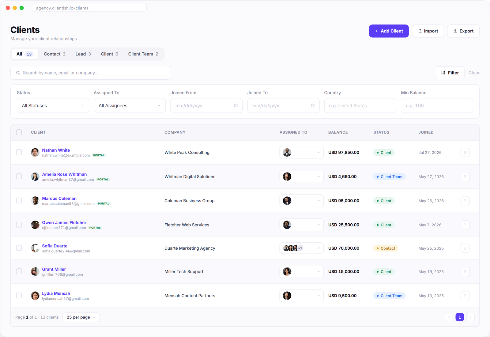 Clientish client management dashboard with client list filters and team assignments