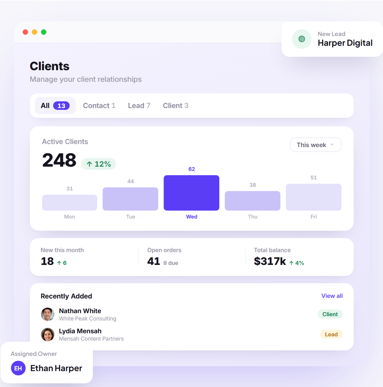 Clientish clients dashboard summary with active clients chart and recently added clients
