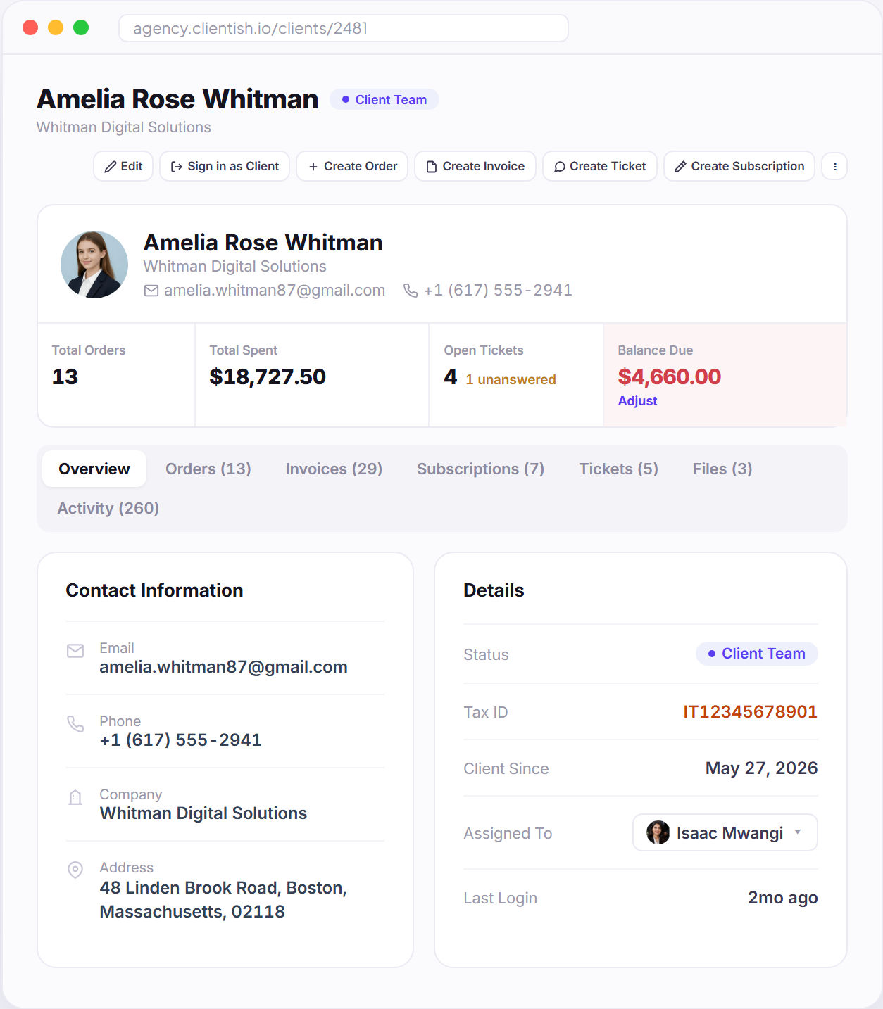 Clientish client profile dashboard showing orders spend tickets balance and contact details