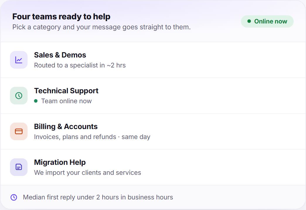 Clientish contact routing panel showing support teams and response time