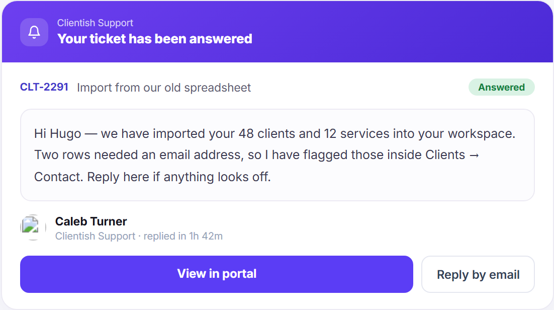 Clientish support email notification showing an answered ticket Clientish support email notification showing an answered ticket