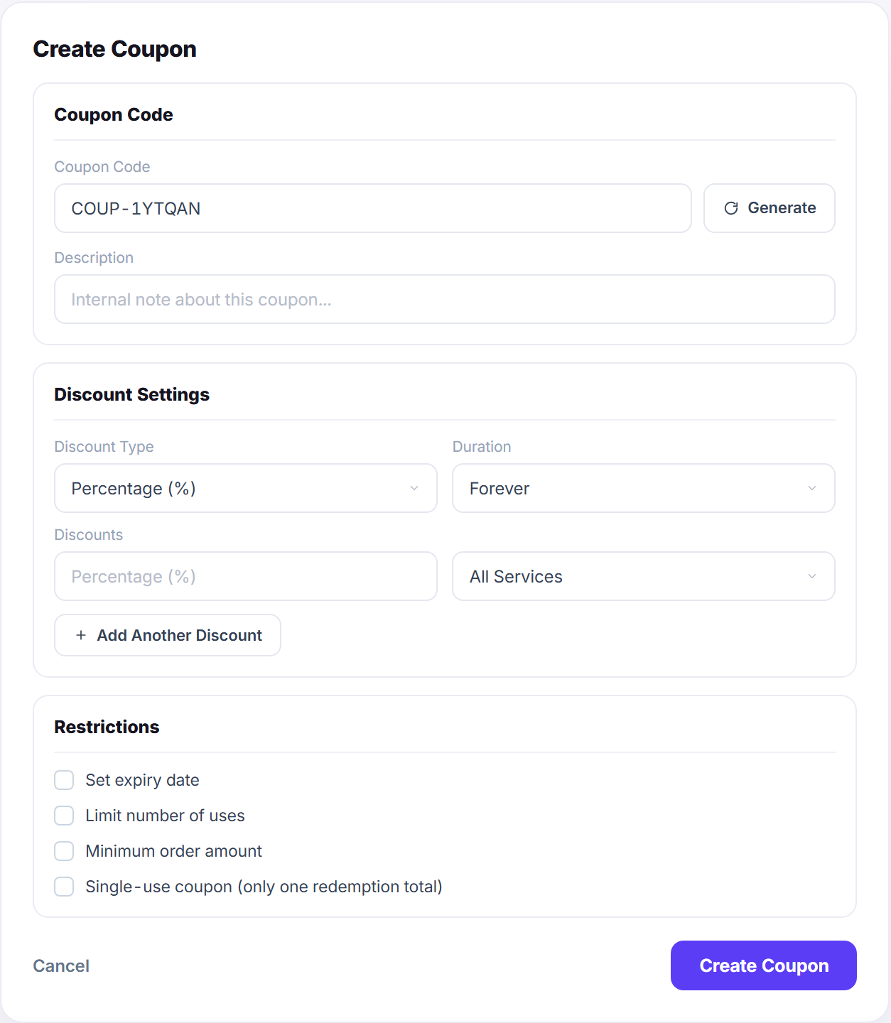 Clientish create coupon form with discount settings and restrictions