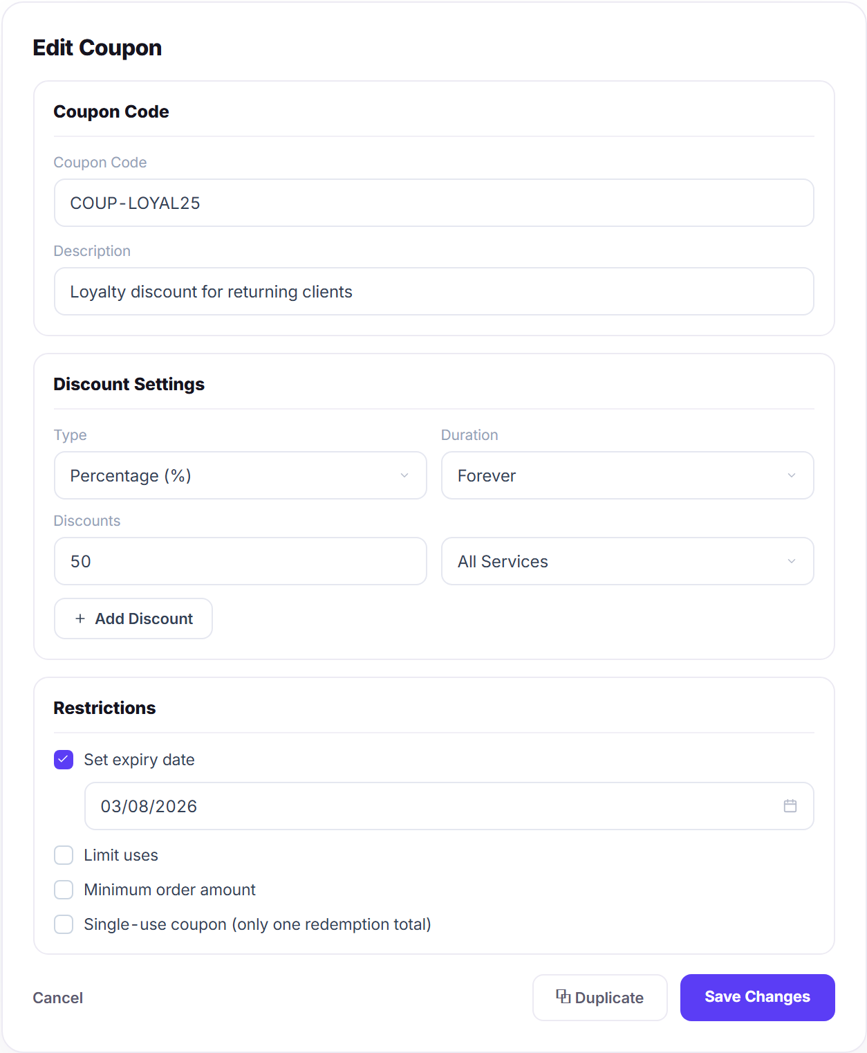 Clientish edit coupon form with expiry and duplicate controls