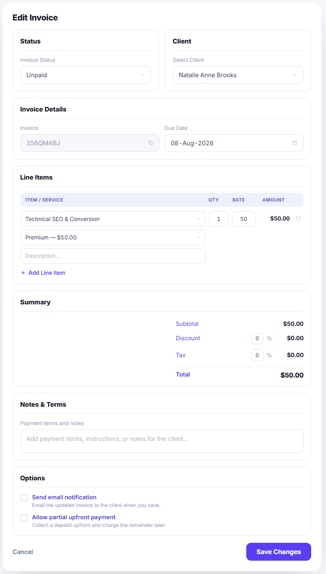 Edit invoice form with status client line items summary notes options and save changes Edit invoice form with status client line items summary notes options and save changes