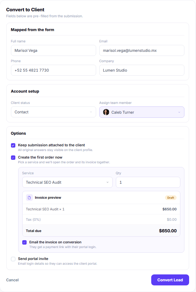 Convert lead form with mapped contact fields account setup invoice preview and portal invite option Convert lead form with mapped contact fields account setup invoice preview and portal invite option