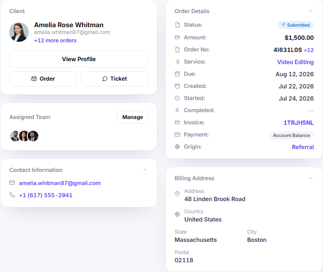 Client and order detail dashboard with contact billing and quick order actions
