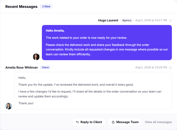 Order conversation panel with client messages team notes attachments and saved replies