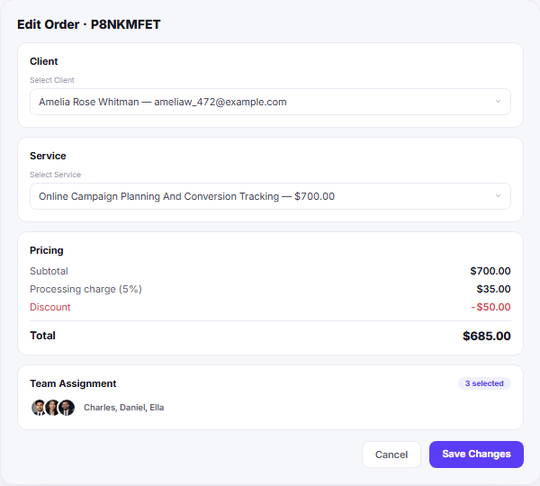 Edit order form for changing client service pricing discounts and team assignment