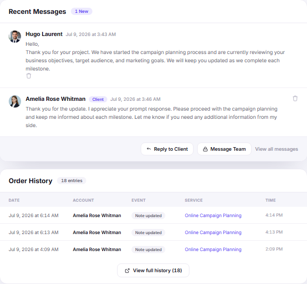 Order communication and history dashboard with recent messages and activity timeline
