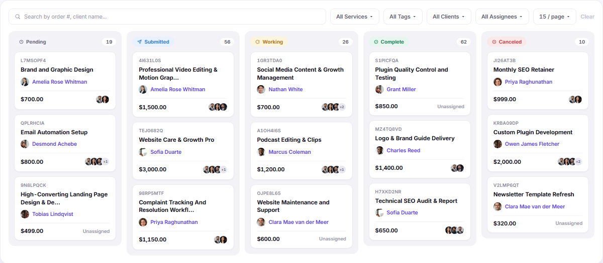 Order management kanban board with pending submitted working complete and cancelled columns