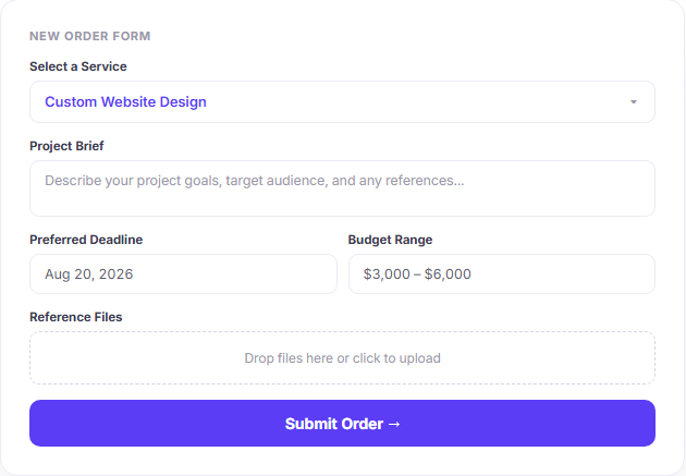 New order intake form with service selection project brief deadline budget and file upload