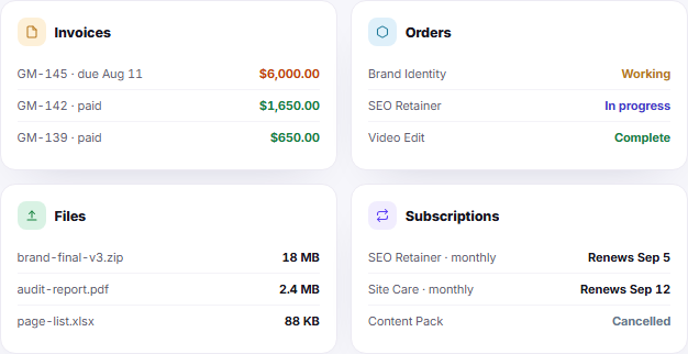 Client portal self serve cards for invoices orders files and subscriptions