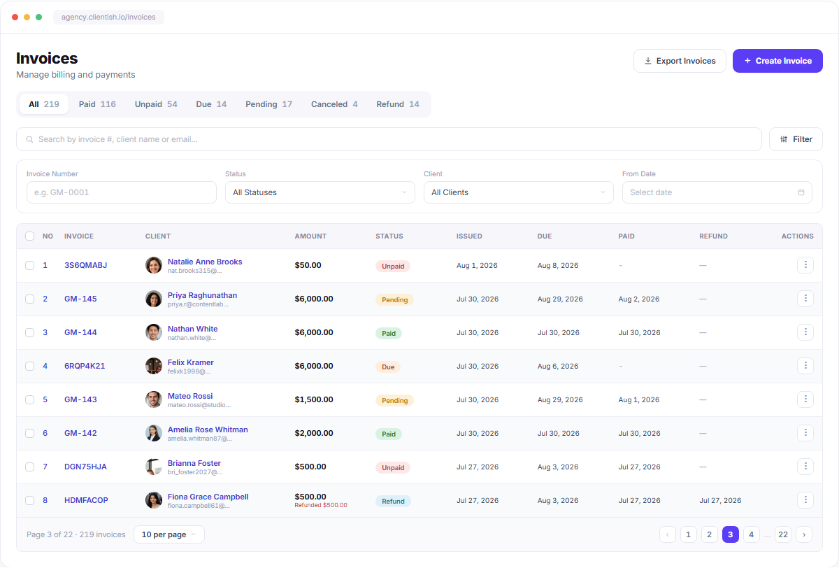 Invoices dashboard with billing filters and invoice rows Invoices dashboard with billing filters and invoice rows