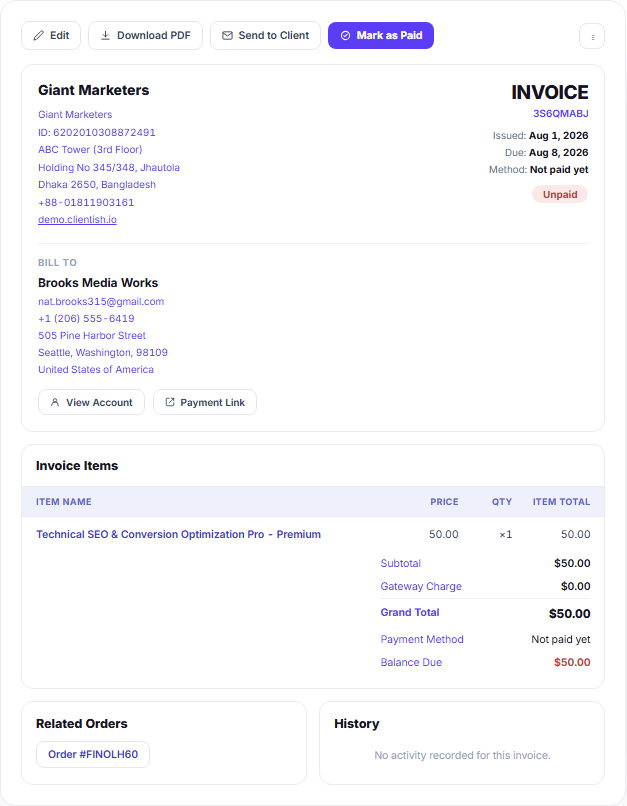 Invoice detail page with line items history and related orders Invoice detail page with line items history and related orders