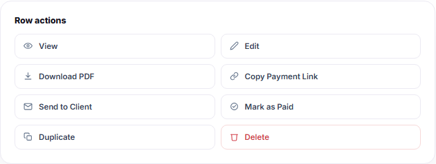 Invoice row actions for viewing editing downloading sending and marking paid Invoice row actions for viewing editing downloading sending and marking paid