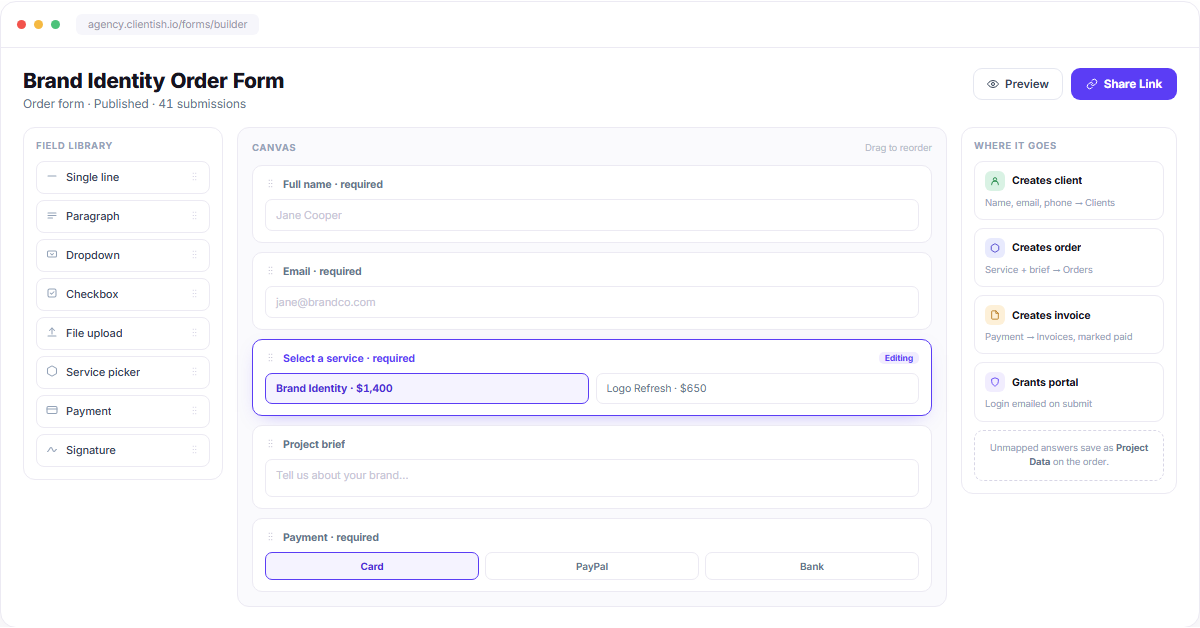 Form builder dashboard with field library canvas and destination mapping