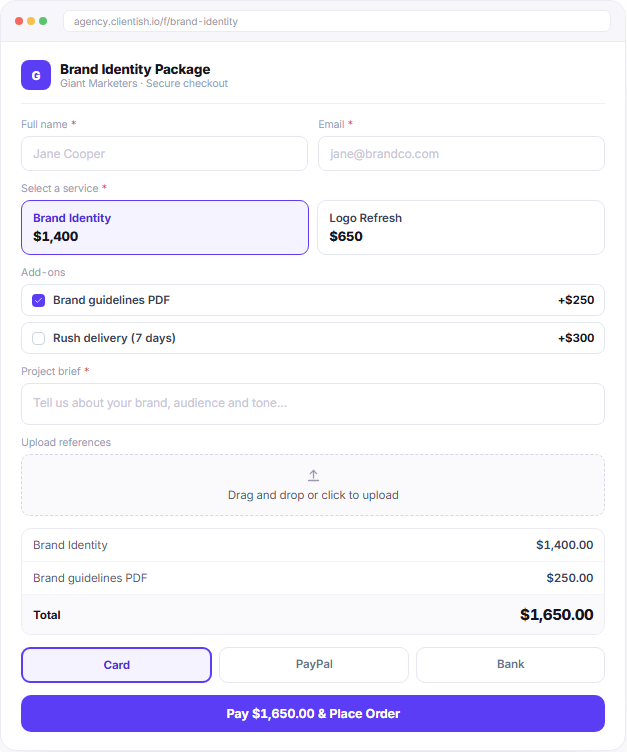 Published order form checkout with service selection payment and brief fields