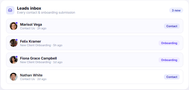 Leads inbox showing contact and onboarding form submissions