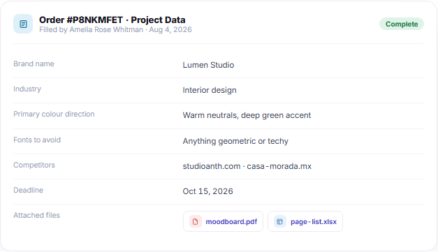 Order intake project data panel with uploaded brief files