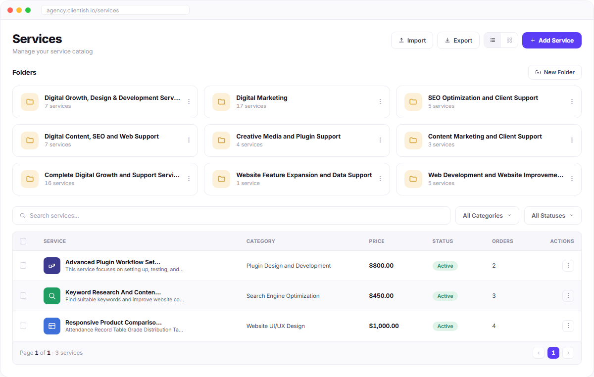 Services dashboard showing folders and service catalog table