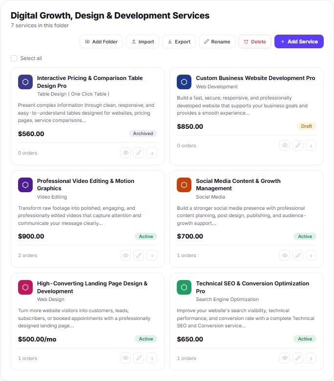 Folder view showing services grouped inside Digital Growth Design and Development