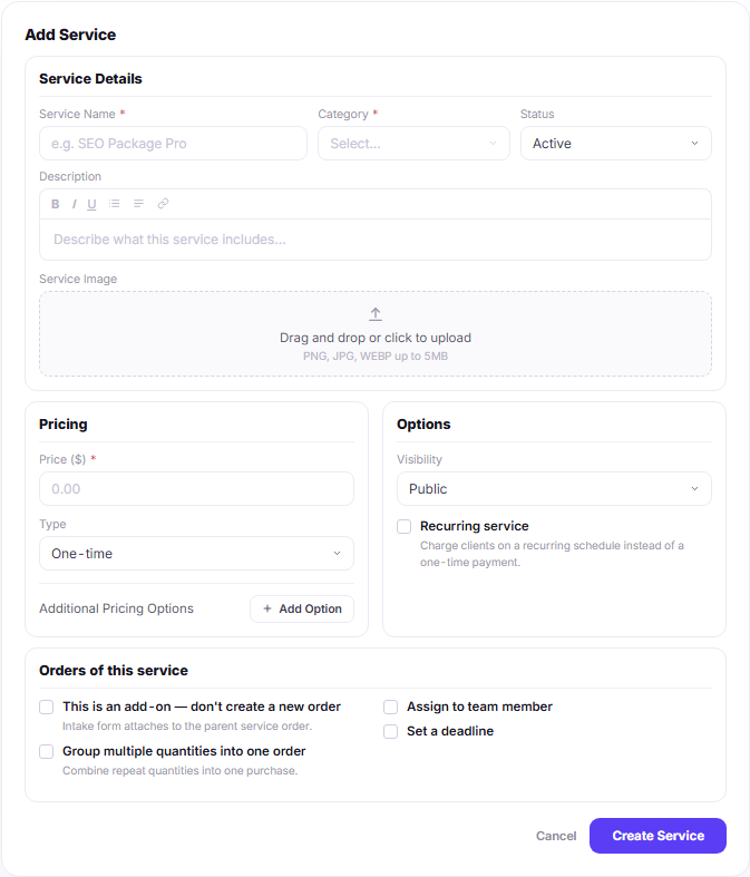 Add service form with details pricing and ordering fields