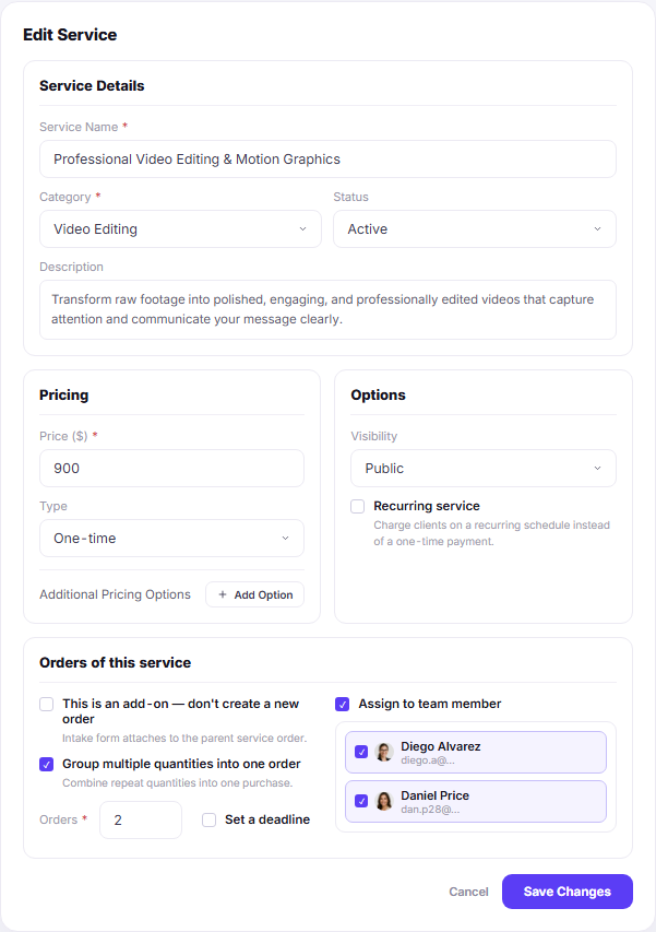 Edit service form with pricing options and extras