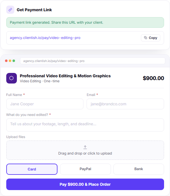 Payment link panel showing generated checkout and client payment flow