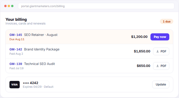 Client billing portal with invoices saved card and pay-now action
