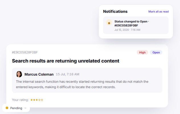 Client ticket notification panel with ticket status message rating and pending status