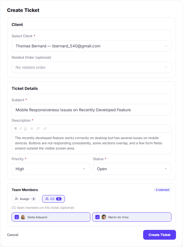 Create support ticket form with client related order ticket details priority status and team members