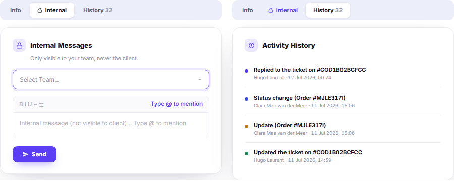Internal support ticket messages and activity history tabs