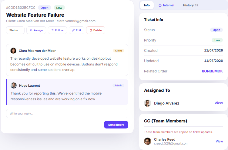 Support ticket detail thread with status assignment client reply internal reply and sidebar ticket information