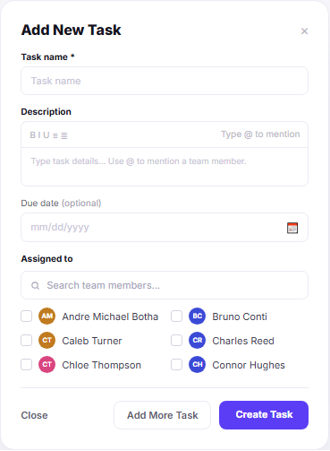 Add new task modal with rich description due date and multi select team assignment