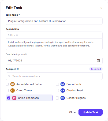 Edit task modal with editable description due date and selected team member