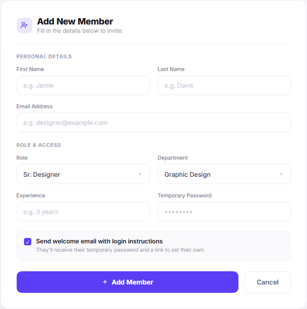 Add new member form with personal details, role access, welcome email and action buttons