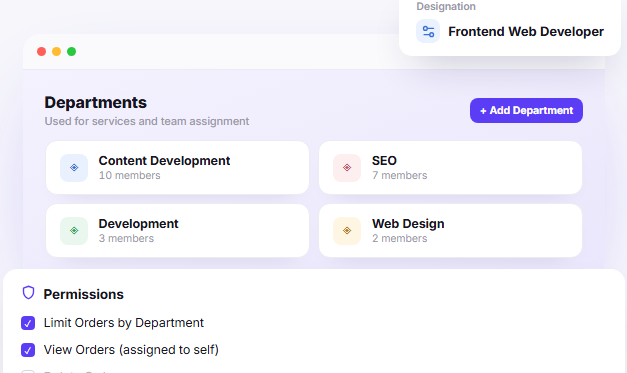 Departments and permissions dashboard showing team assignment groups and role permissions