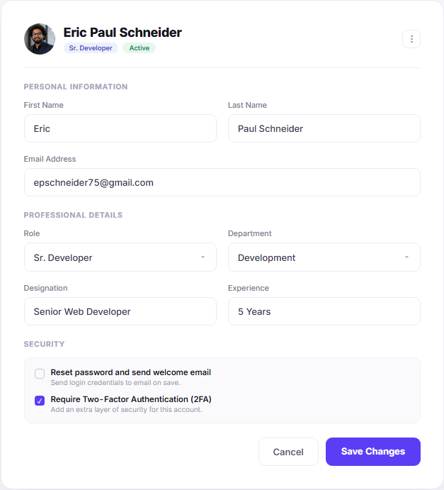 Edit team member profile form with personal information, professional details and security settings