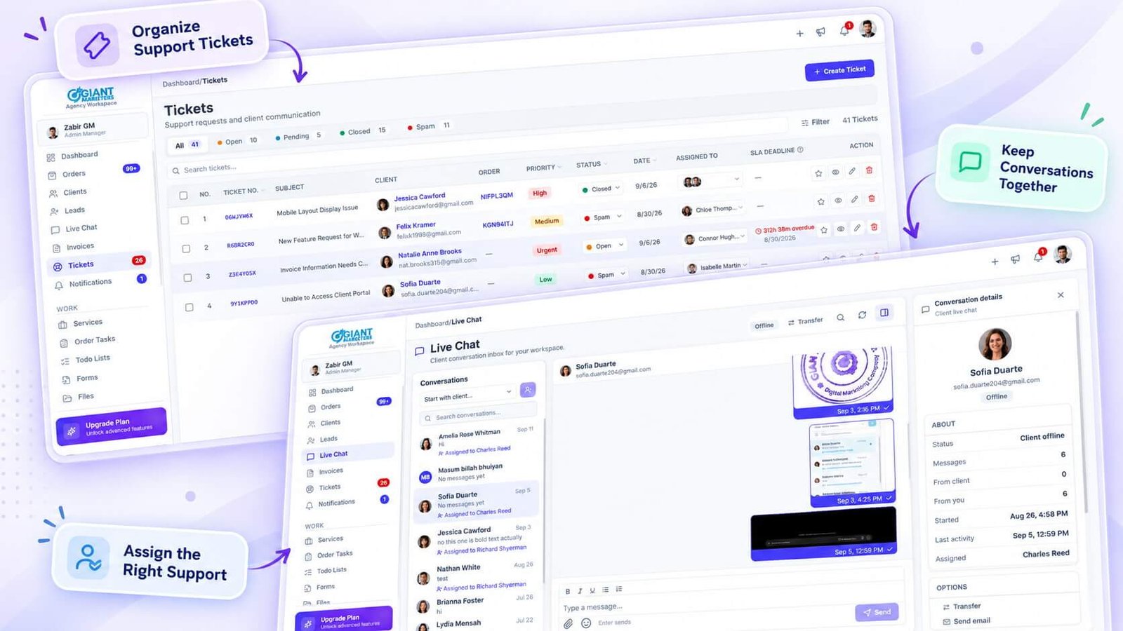 Built-In Client Support Tickets and Live Chat