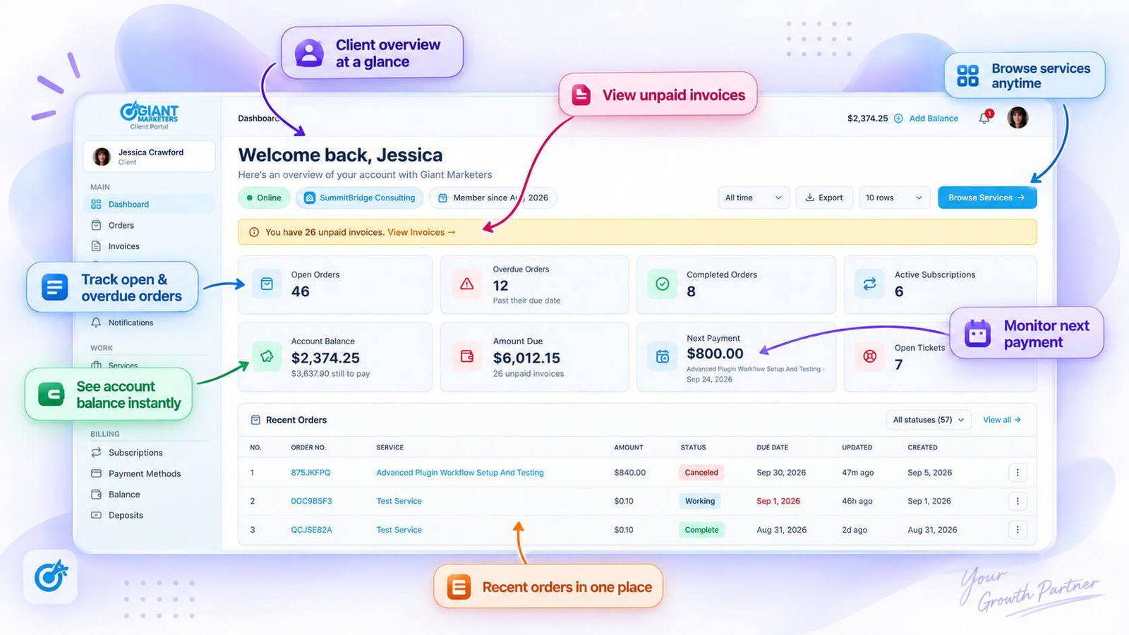 Client Portal Dashboard of clientish