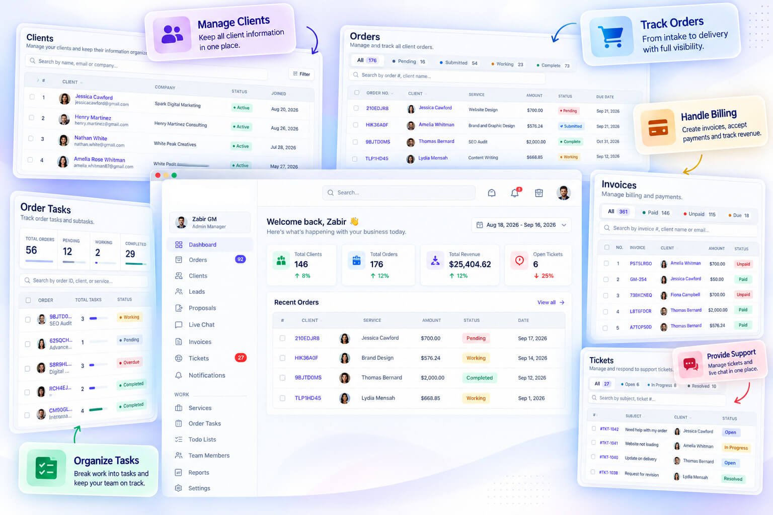 Clientish manage clients, orders, tasks, billing and support in one workspace