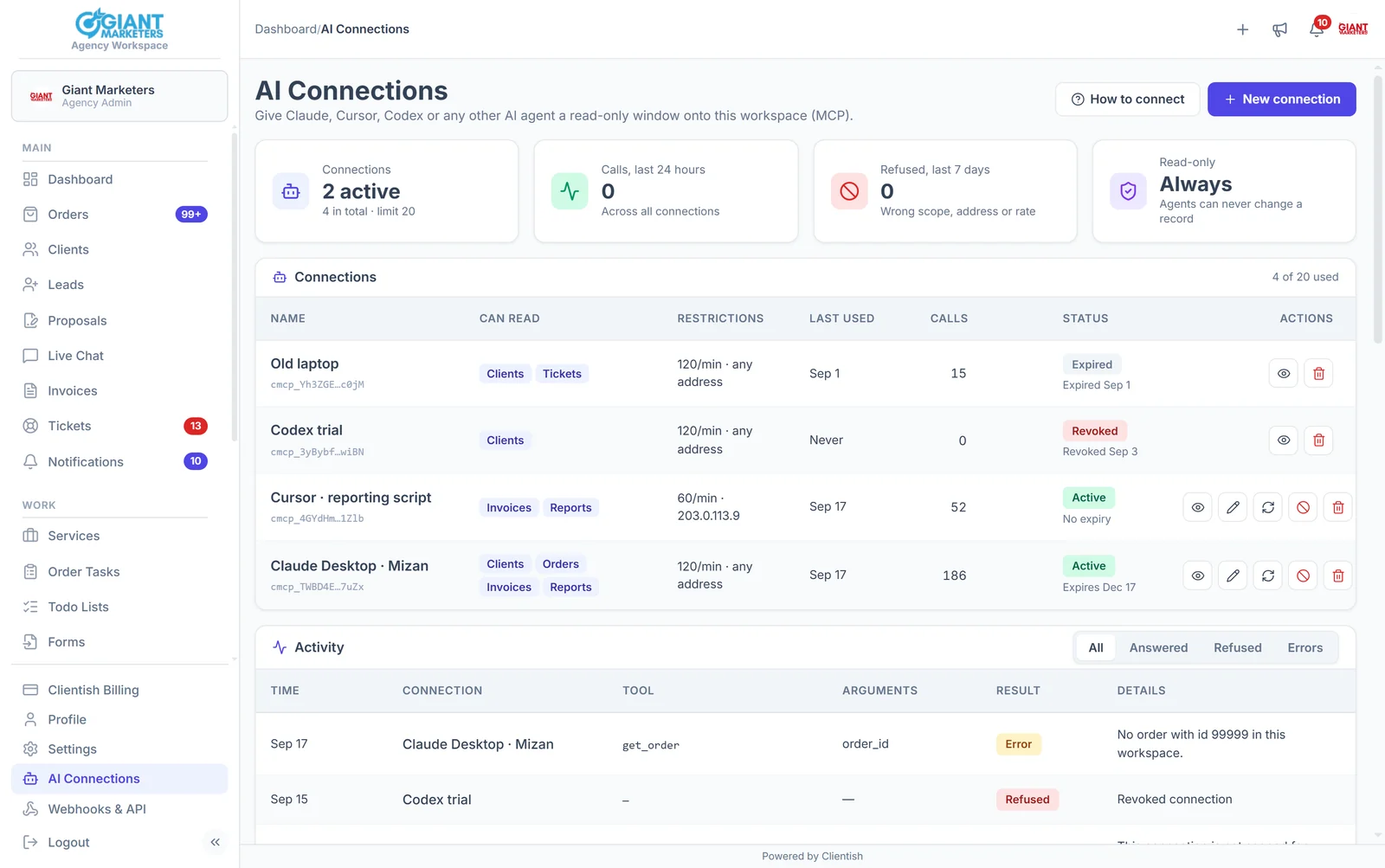 Clientish AI Connections page with MCP connections for Claude and Cursor, their permissions and the activity log