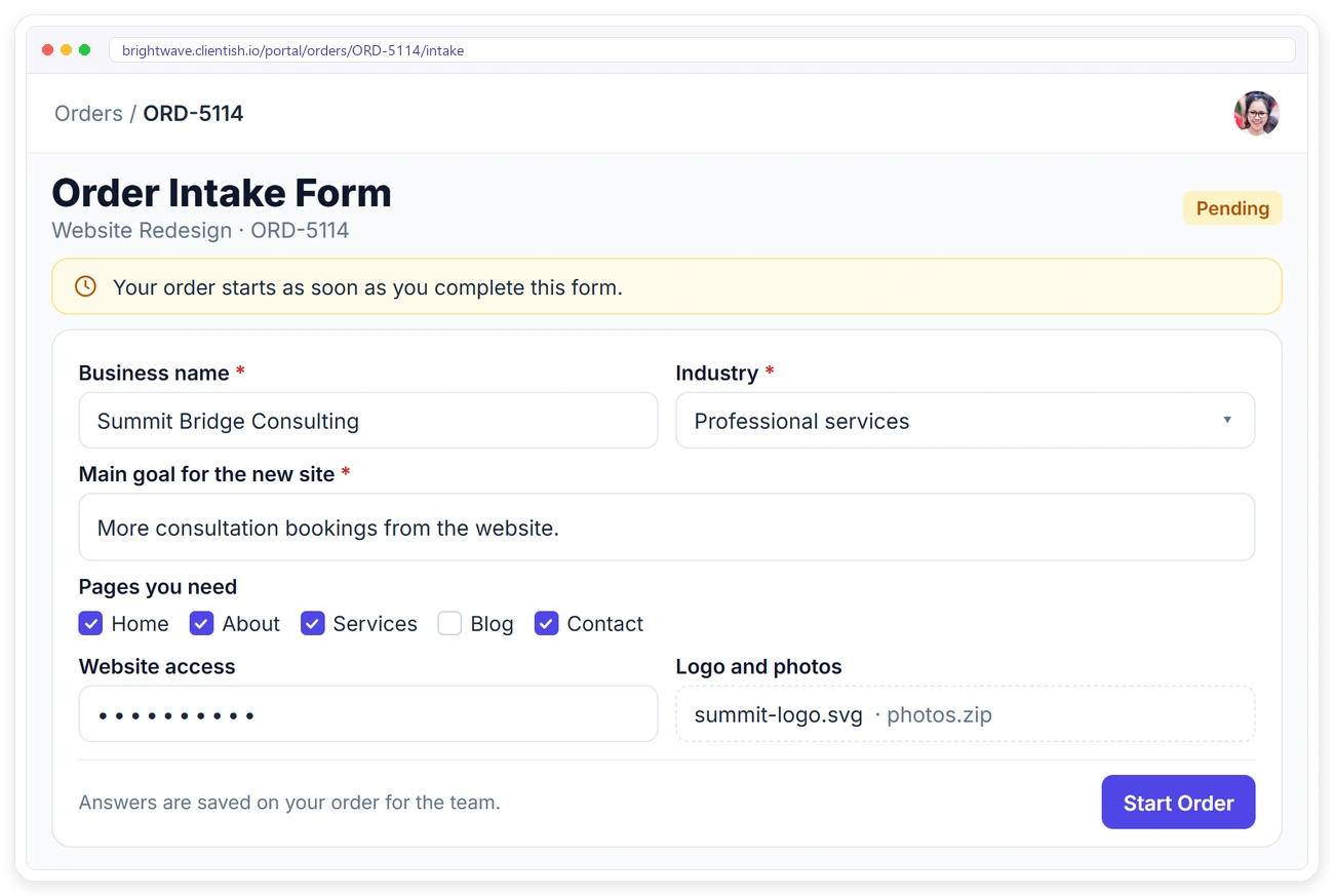 A client filling in an intake form in the Clientish client portal before the order starts A client filling in an intake form in the Clientish client portal before the order starts