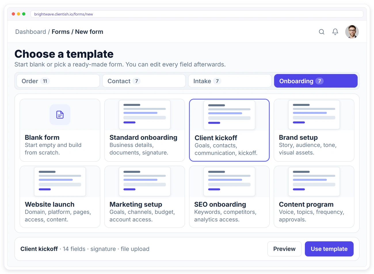 Clientish client onboarding form templates: client kickoff, brand setup, website launch, SEO onboarding and more Clientish client onboarding form templates: client kickoff, brand setup, website launch, SEO onboarding and more