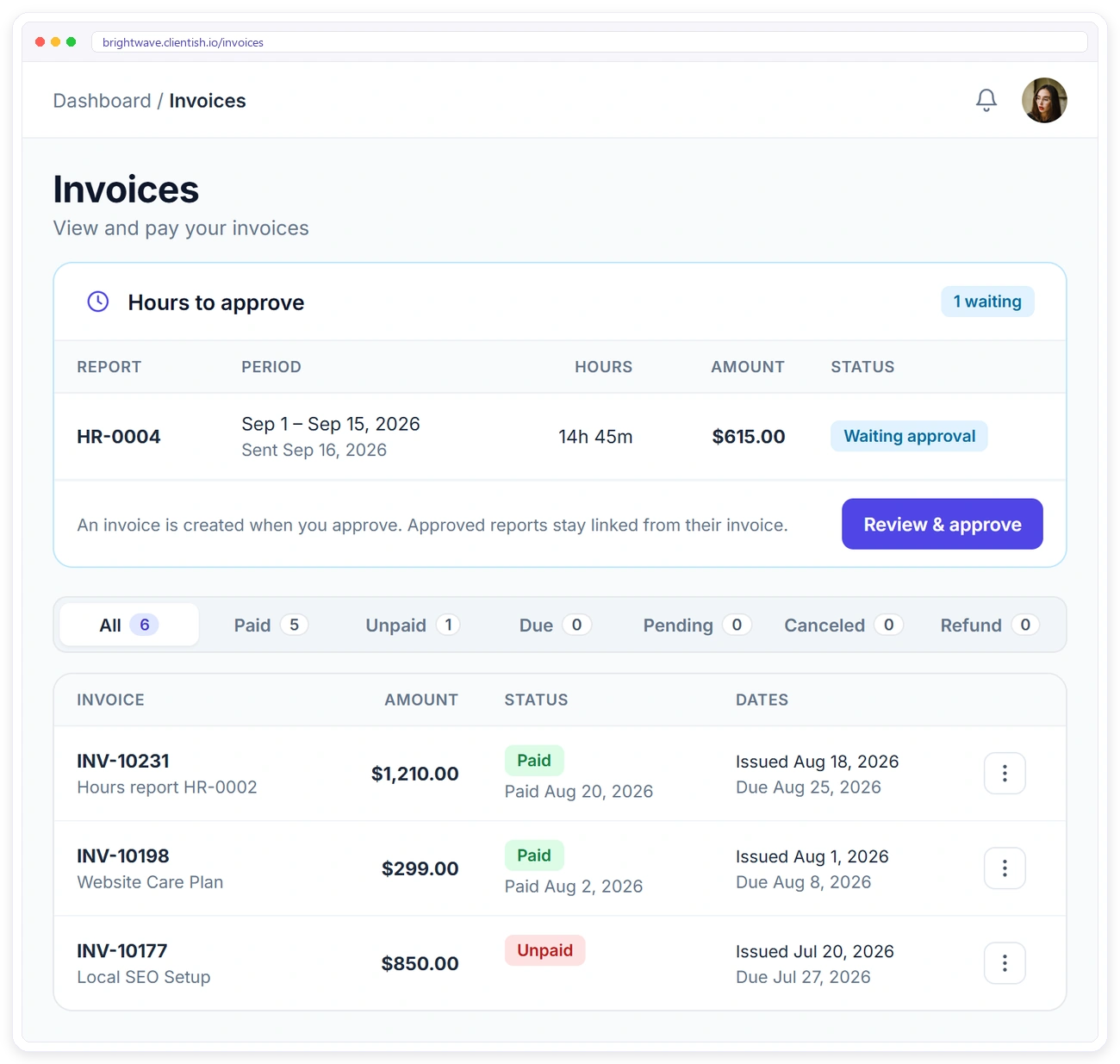 Hours to approve report waiting for client approval on the Clientish client portal invoices page Hours to approve report waiting for client approval on the Clientish client portal invoices page