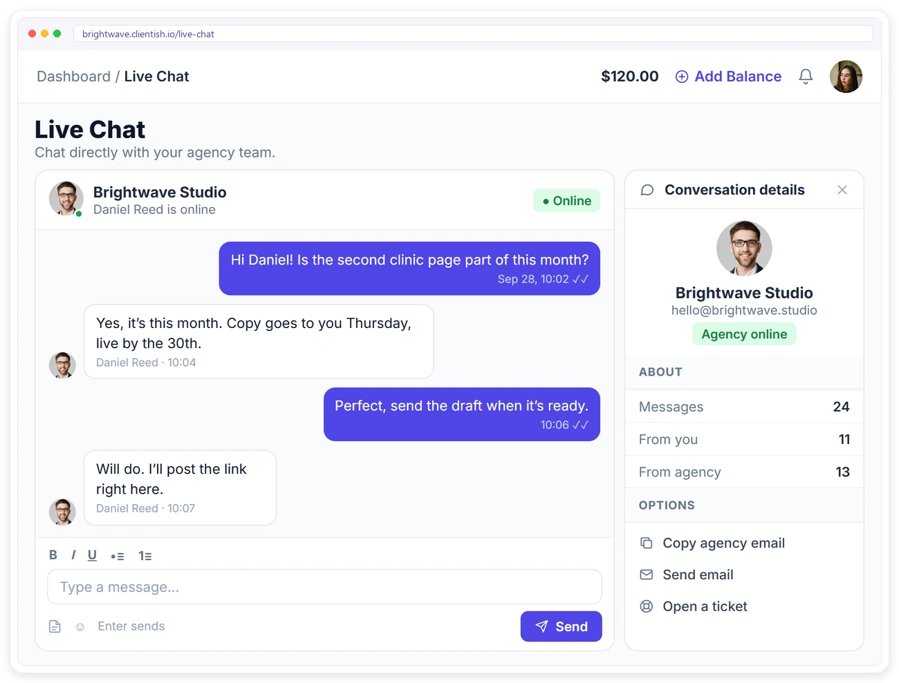 Client portal live chat with the agency team and conversation details in Clientish Client portal live chat with the agency team and conversation details in Clientish