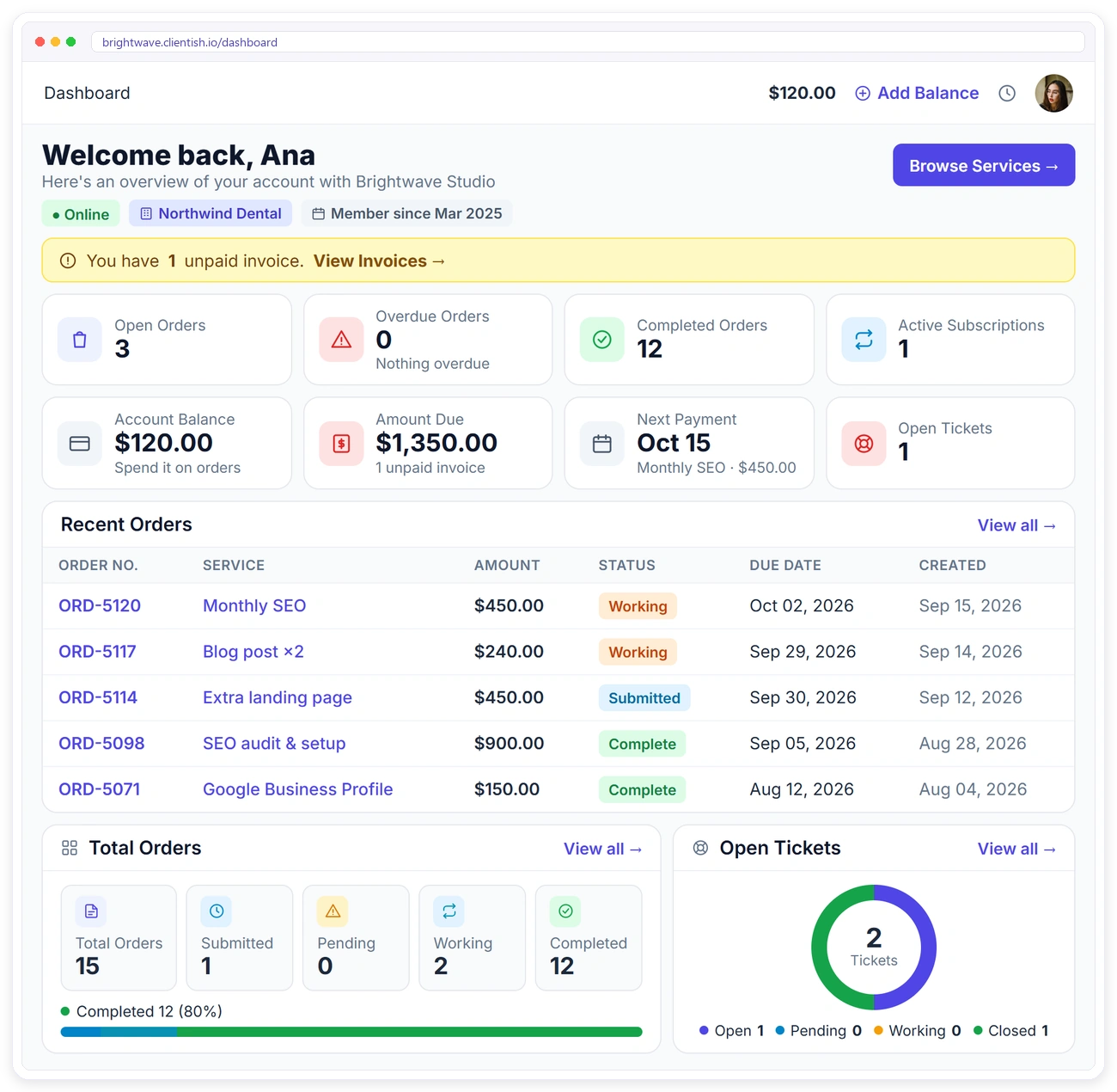 Clientish client portal dashboard where a client sees open orders, balance, amount due, next payment, recent orders and open tickets