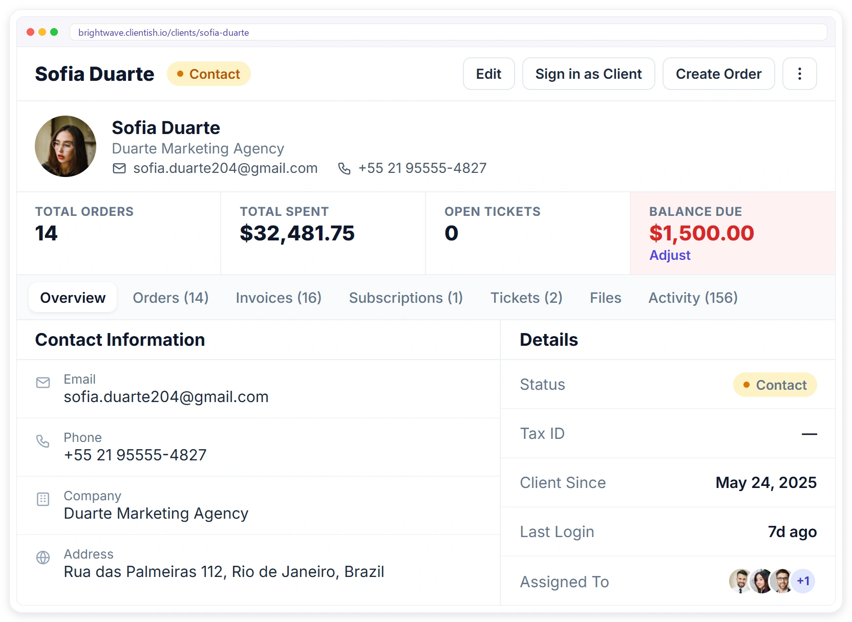 Clientish client profile showing total orders, total spent, open tickets, balance due and contact details